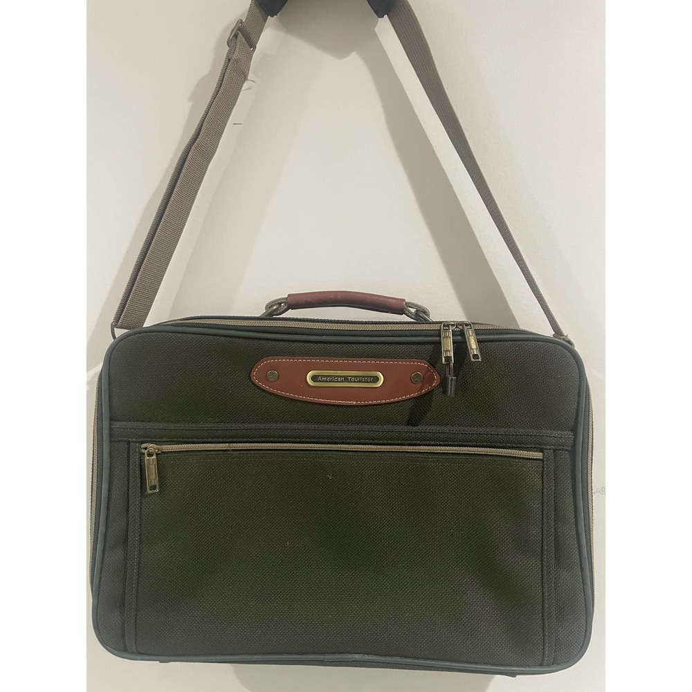 American Tourister Soft Shell Brief Case Green Tan Shoulder